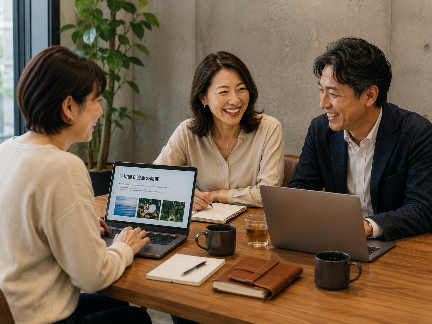 カフェでラップトップを使いながら会話する人たち